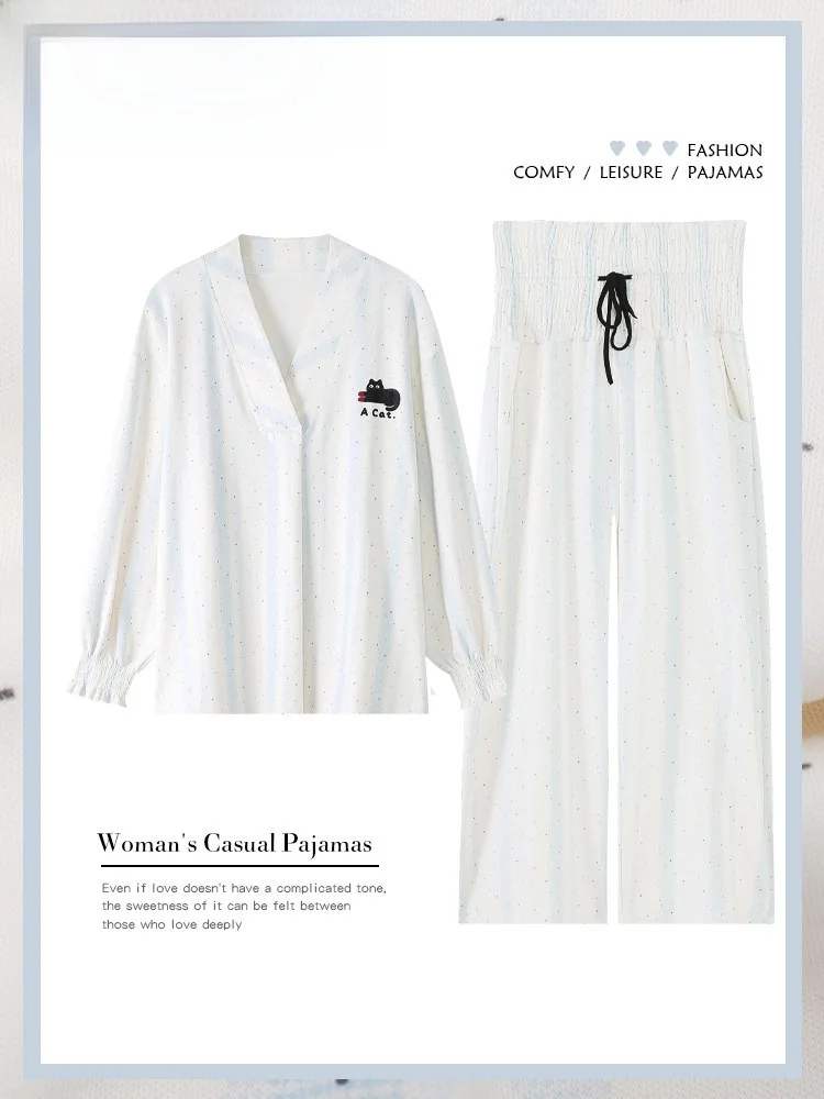 pure-cotton-maternity-nightgown-breastfeeding-sleepwear-home-clothes-women's-spring-autumn-set-comfortable-breathable-v-neck