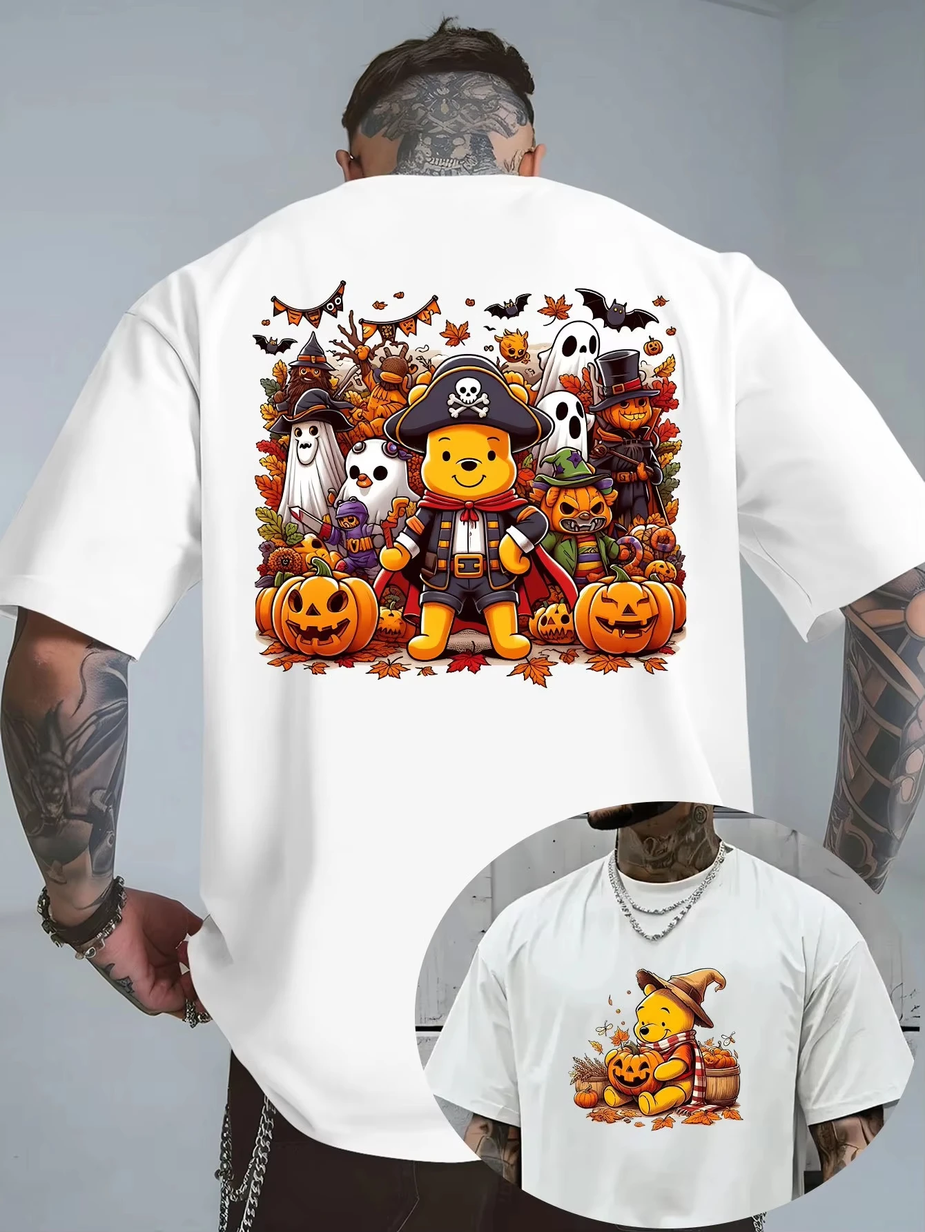 

Summer Men's Disney Halloween Winnie the Pooh T-Shirt Daily Leisure and Theme Activities Wear Unisex Cotton Short Sleeve