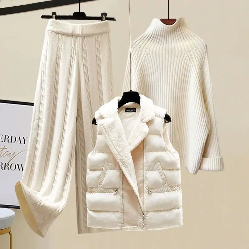 Women\'s Winter Set Long-sleeved 3piece Knitted Suit Warm Turtleneck Bright Color Sweater Top Pants Pullover Knitwear