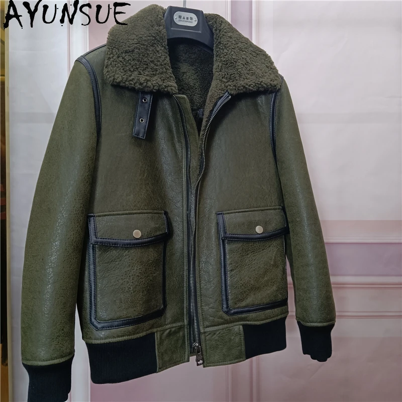 AYUNSUE Warm Natural Fur Coat Men Winter Casual Genuine Sheepskin Leather Jackets Man Fashion Green Fur Coats Male Clothing 2025