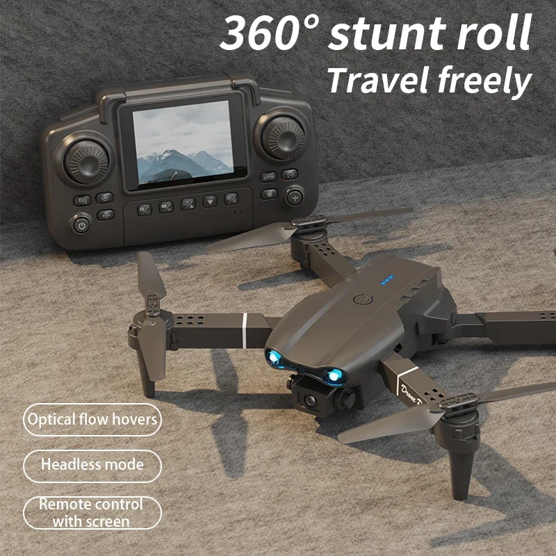 

E99 RC drone, 5.5-inch controller with 2.4-inch screen, 480P dual cameras, 360° roll and optical flow positioning.