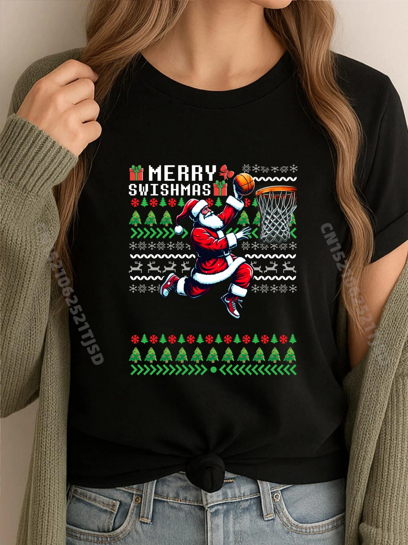 

Funny Merry Swishmas Basketball Christmas Ugly Christmas Red And Black Graphic T Shirt Woman Spring T-Shirt Slogan