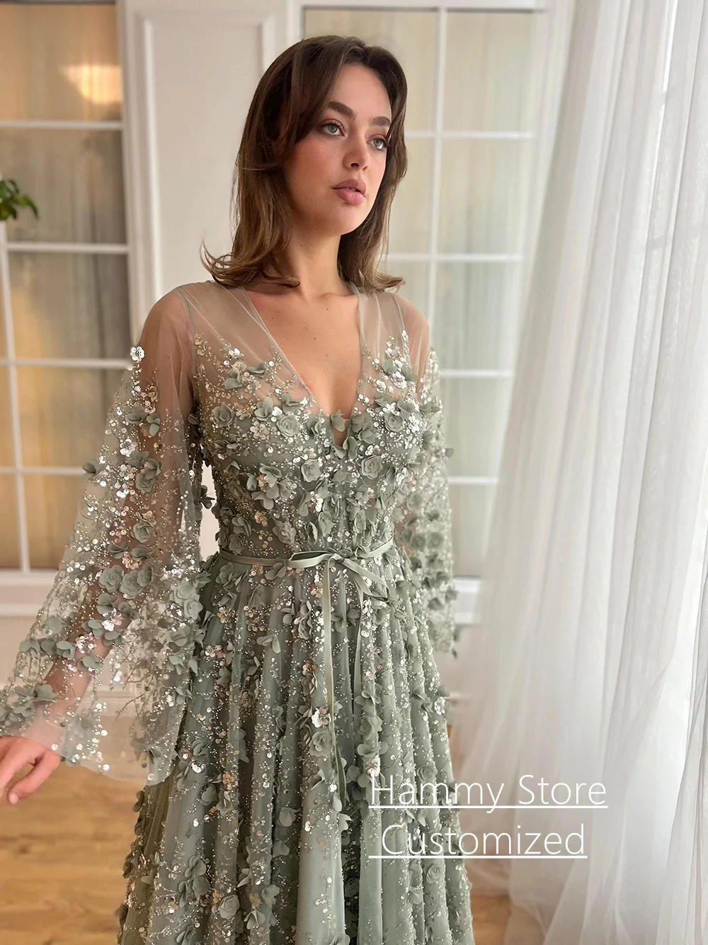 Exquisite Lace Evening Dress Customized Batwing Sleeves V Neck Beading Sequined Flowers A Line Prom Gown Birthday Party Dresses image 4
