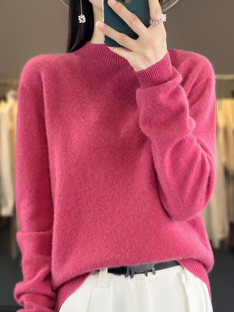 Women Cashmere Sweater 100% Merino Wool Pullover Mock Neck Knitwear Long-Sleeve Casual Fashion Tops Autumn Winter Clothing