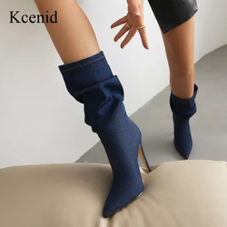 Kcenid moda Denim scarpe da donna Plus Size inverno punta a punta partito stivali a metà polpaccio pieghettato tacchi sottili stivaletti per le donne