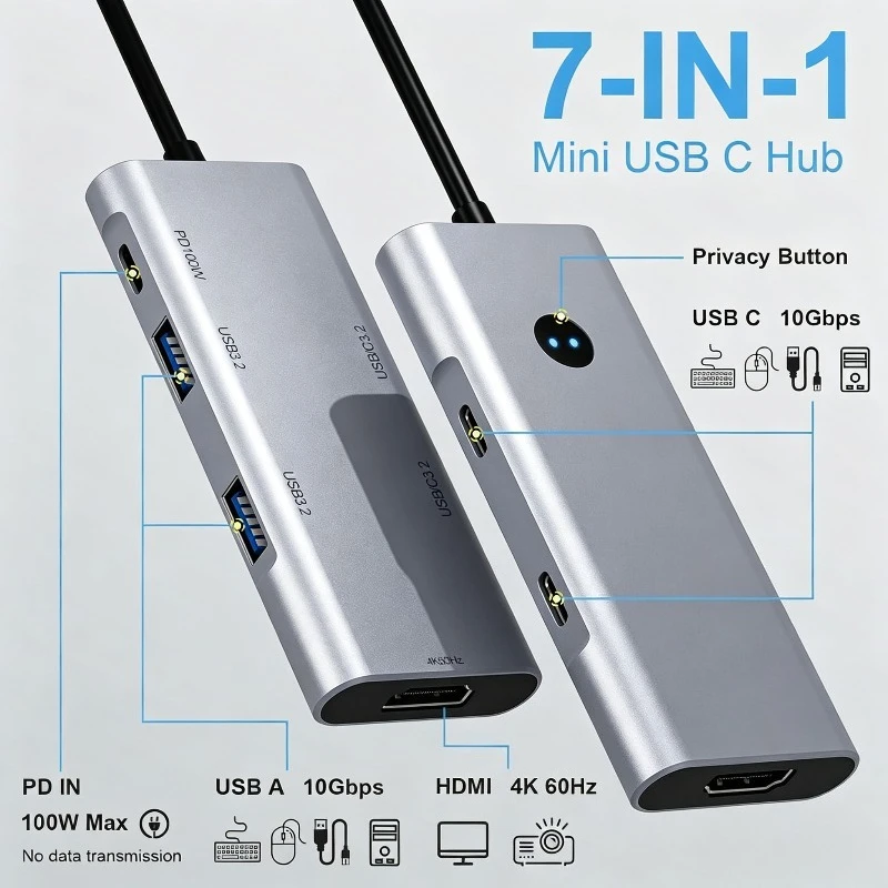 Portable 7-in-1 USB-C Hub USB 3.0 5Gbps SD/TF 3.0 High-Speed Multiport Adapter Type-C Hub for MacBook  Laptop and Monitor