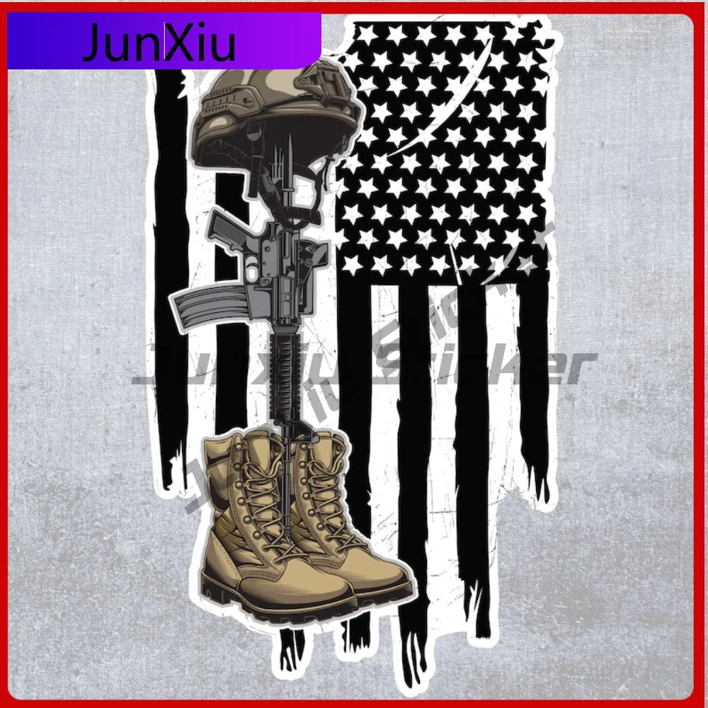 

Battle Cross American Flag Sticker Fallen Soldier Sticker Boots Rifle Soldier Memorial Waterproof Cover Scratches Decoration Car