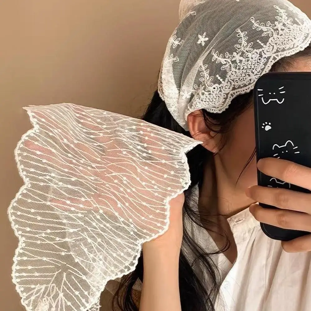 

Floral Embroidered Bandana Hair Wrap Thin Breathable Ribbon Scrunchies DIY Triangle Lace Scarf Sweet White Lace Turban Headscarf