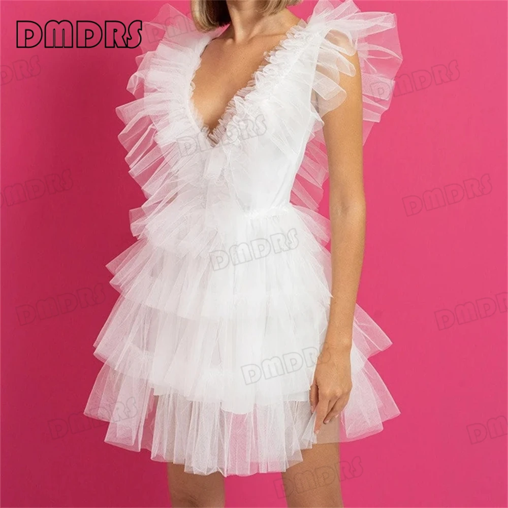 White Layered Tulle Dress Tutu Dresses For Women Ruffle Mini Dresses Sexy Deep V Neck Formal Gown For Cocktail Party