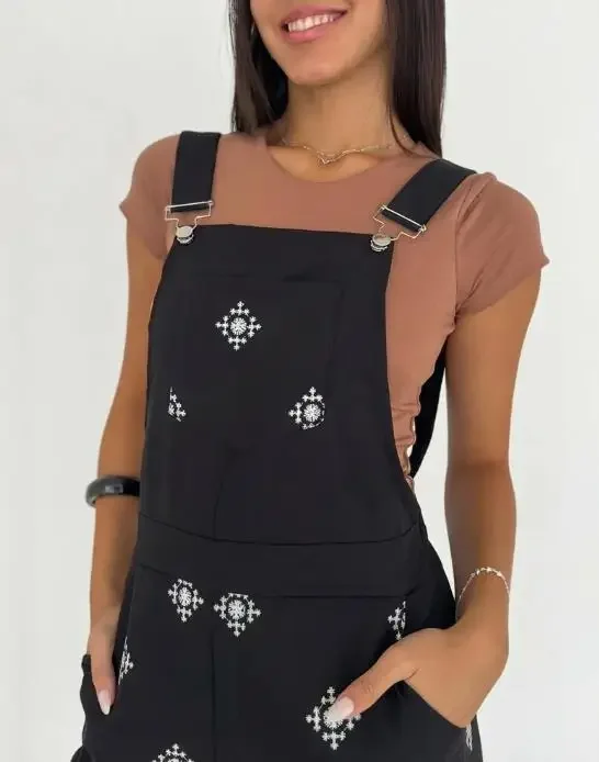 Women's Vintage Embroidered Tribal Pattern Adjustable Straps Elastic Back Waist Suspender Jumpsuit Summer New Casual Jumpsuits