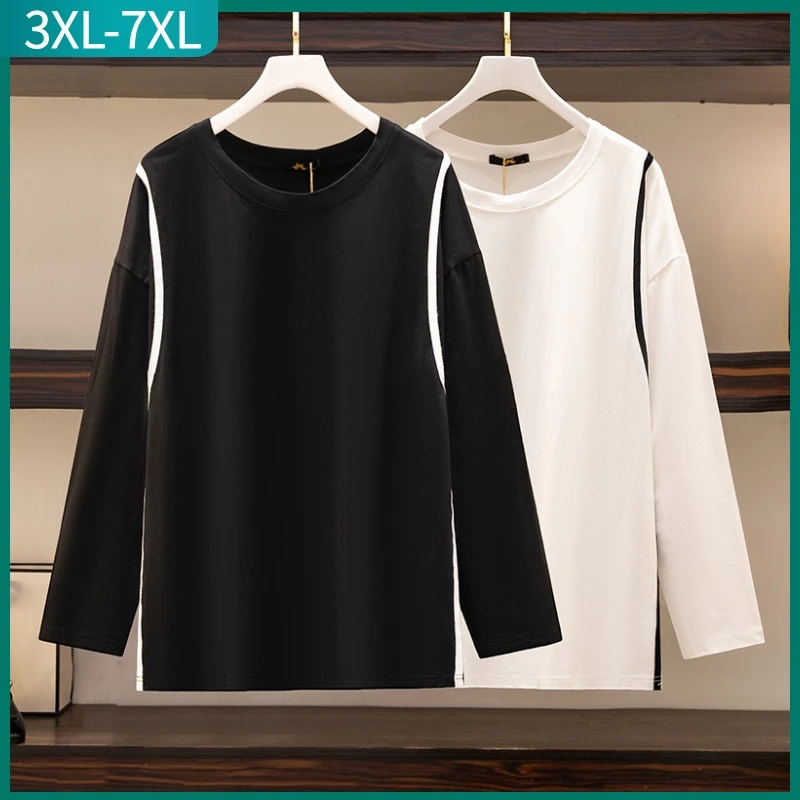 New 2023 Spring Autumn Plus Size Tops For Women Large Size Long Sleeve Cotton White Black T-shirt 3XL 4XL 5XL 6XL 7XL