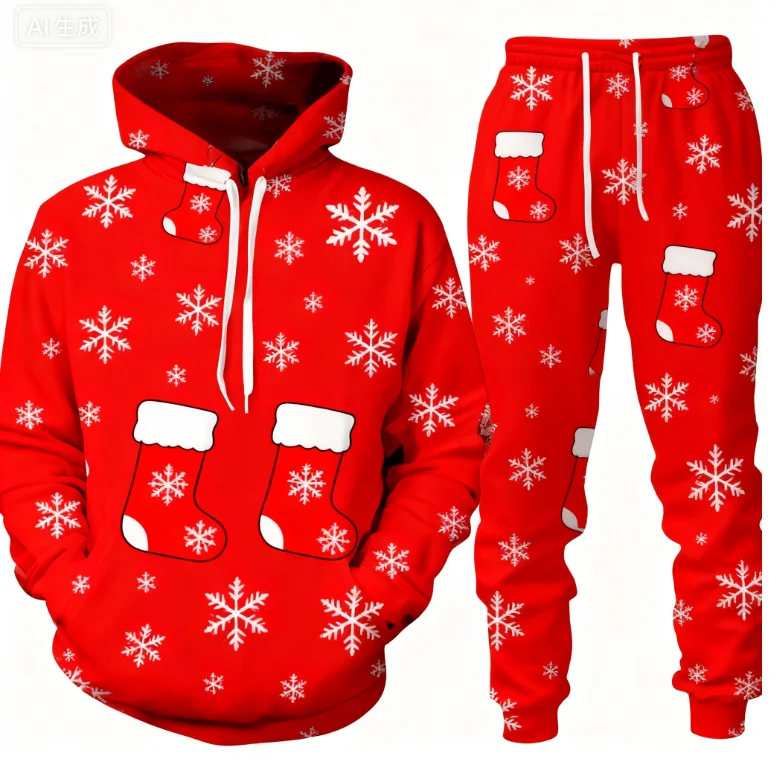 عيد الميلاد قطعتين هوديي بانت مجموعات سانتا كلوز ثلاثية الأبعاد طباعة مجموعة الرجال النساء موضة هوديي + مجموعة بناطيل رجالي هدايا عيد الميلاد بدلة رياضية #4