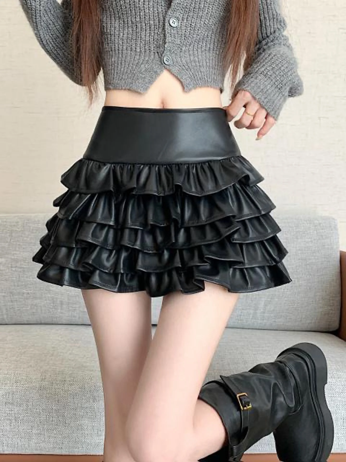 American Heavy Industry Pure Desire Hot Girl Design PU Leather Skirt Cake Skirt Half-length Fashionable Versatile Short Skirt