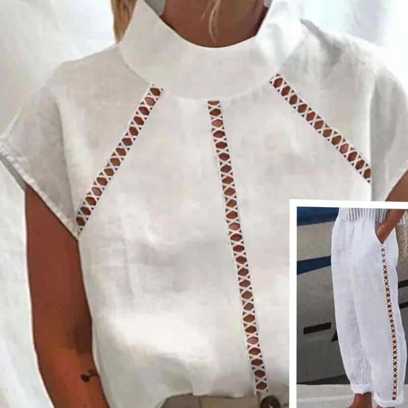 2024 Lady Loose Two Pieces Suits Women\'s Hollowed Out Cotton Linen Lace Suit Spring Summer Casual Pockets Solid Color Top+Pants