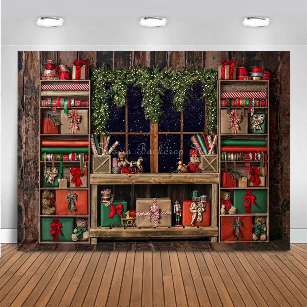 Christmas Santa Present Wrapping Room Photography Background Kids Portrait Photo Studio Props Classic Rustic Window Backdrop