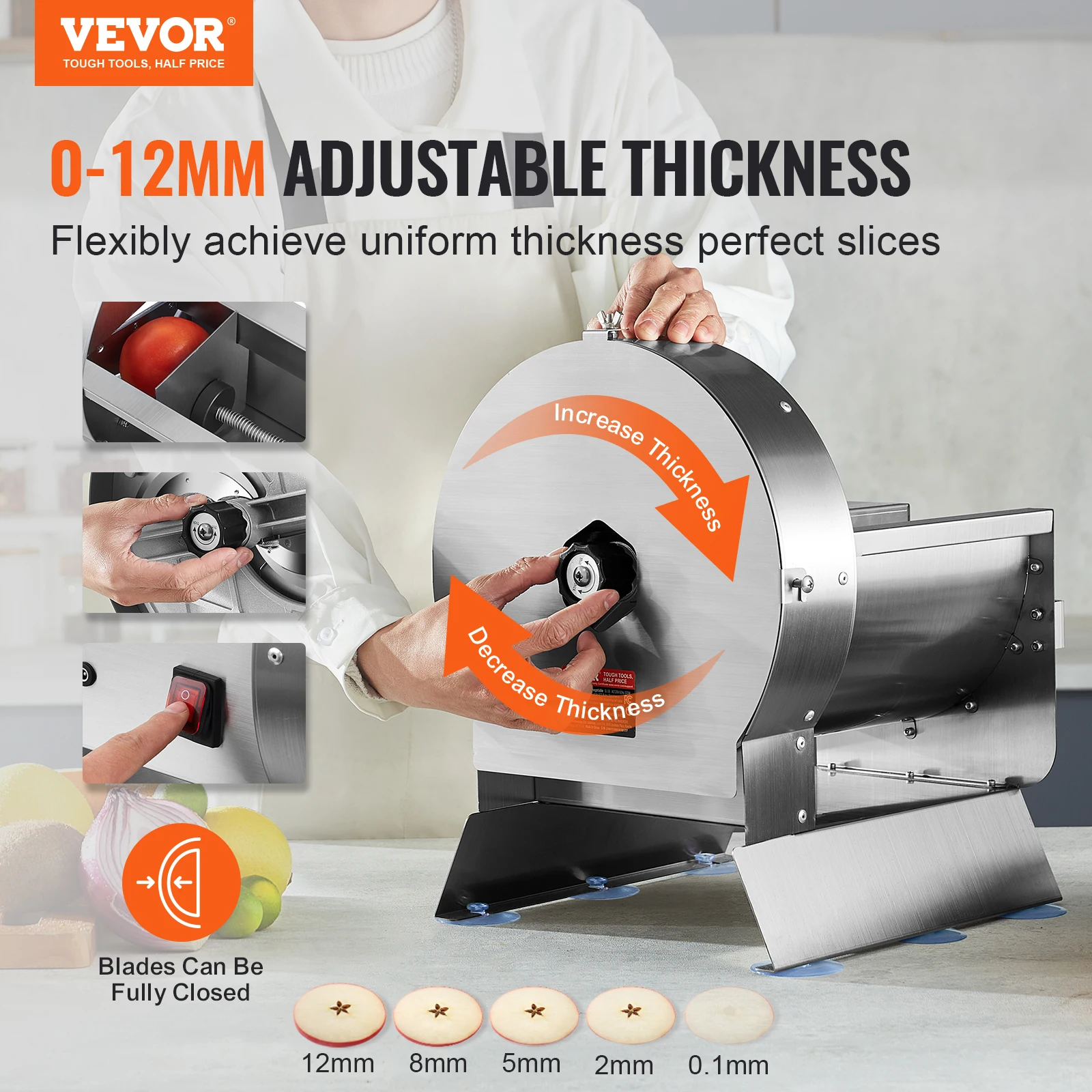 VEVOR Electric Vegetable Slicer,0-12mm Thickness Adjustable Commercial Slicer Machine,Stainless Steel Food Cutter Slicing Machin