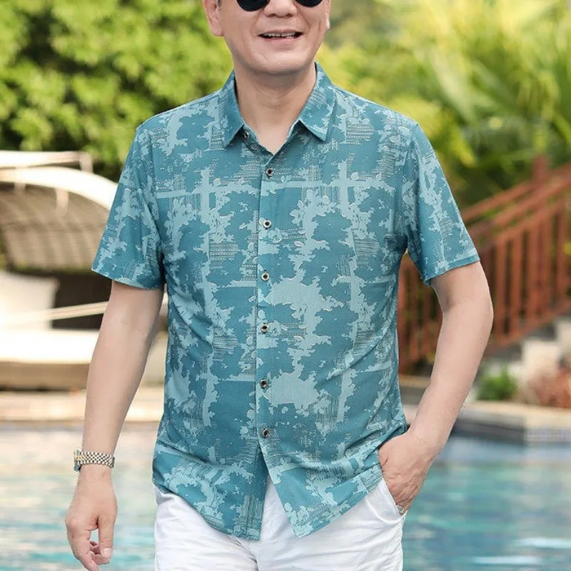 Summer Clothes Vintage Shirt Men Short Sleeve Ice Silk Turn-down Collar Blouse Loose Large Printing Button Fashion Elegant Tops
