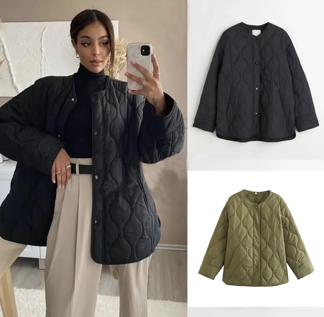 

Black Quilted Jacket for Women Long Sleeve Padded Coat Parkas Winter Warm Demi-Season Casual Outerwear Female Jacket
