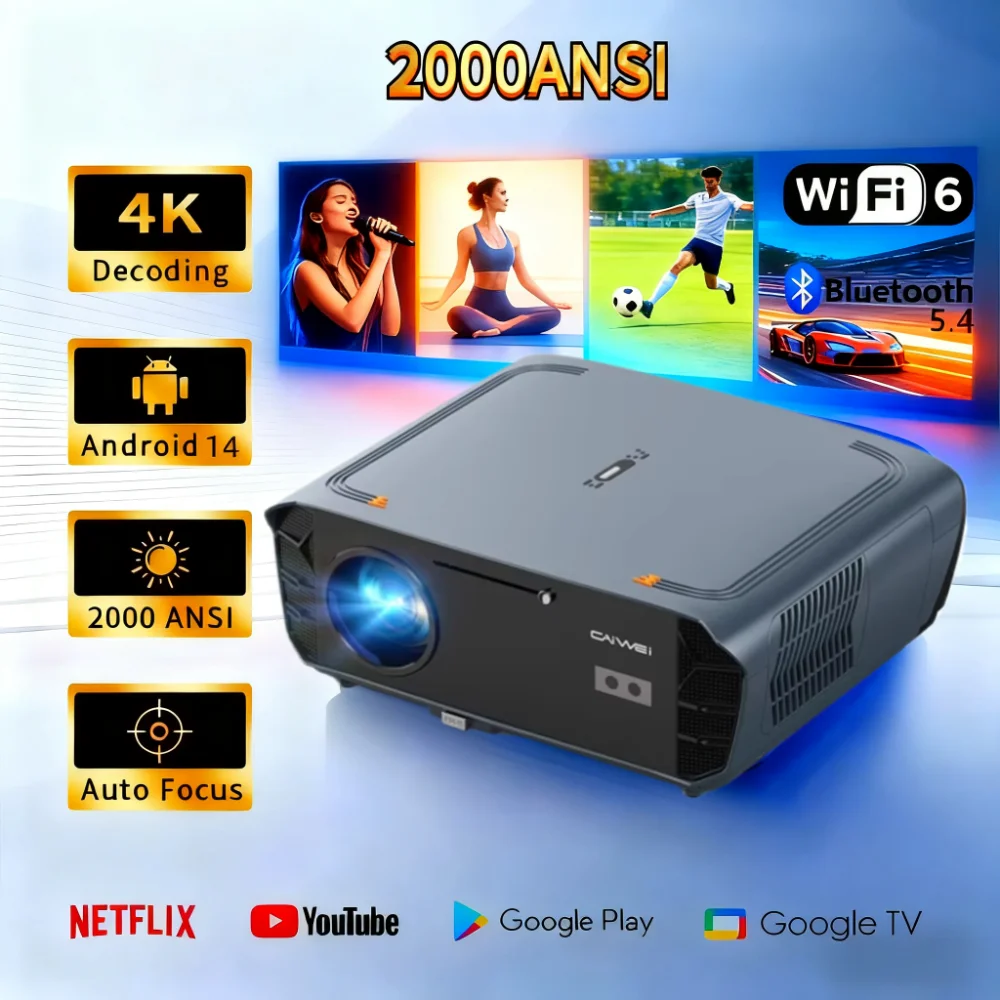 Proyektor Android 14 4K UHD Terbaru】 Proyektor Bioskop Rumah Portabel Luar Ruangan Video WiFi 5G Berlisensi Google Netflix 80000 Lumen