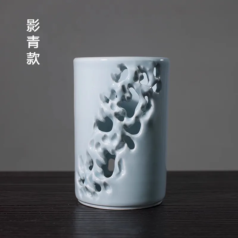 Chinese Ceramic Pen Holder - Creative Openwork Brush Organizer, Oriental Desk Decor with Hollow Carving,  Office Storage