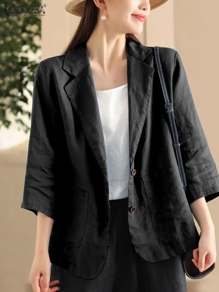 ZANZEA Fashion Women Cotton Blazer Autumn Lapel Neck 3/4 Sleeve Solid Outwear Casual Work Suits Jackets Loose Thin Coat Chaqueta