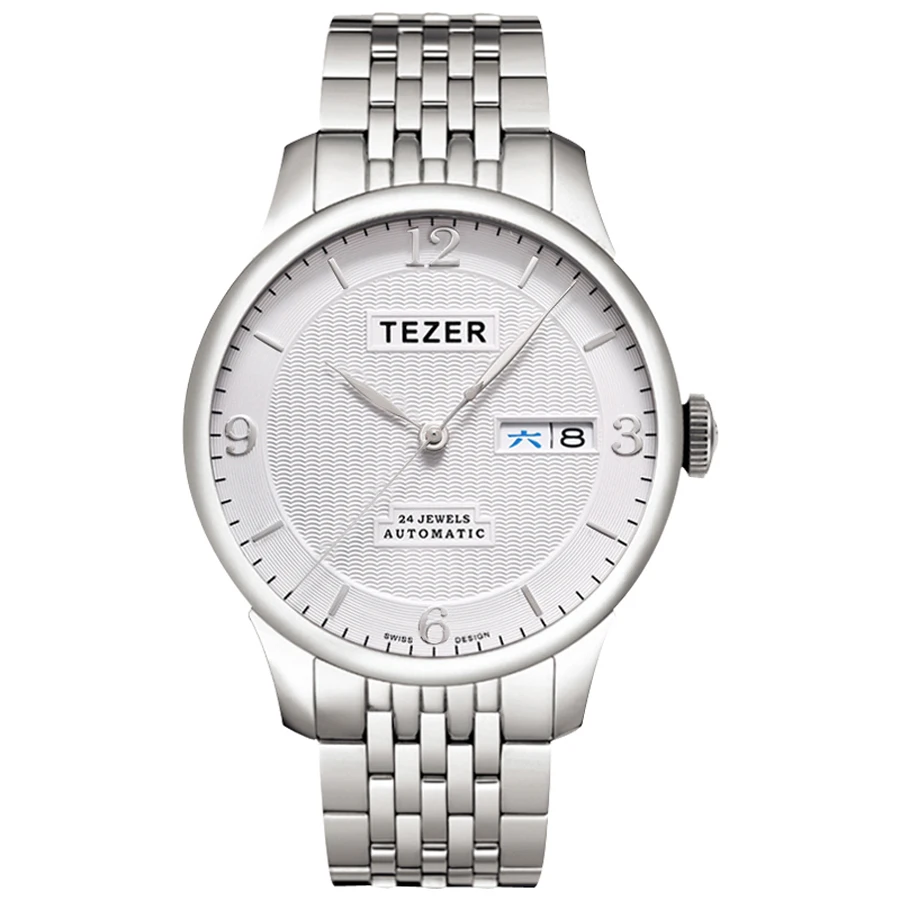 TEZER Men Automatic Watch | Solid Steel Bracelet | Day‑Date Display | Guilloché Dial | Sapphire Glass | 50M Water Resistant