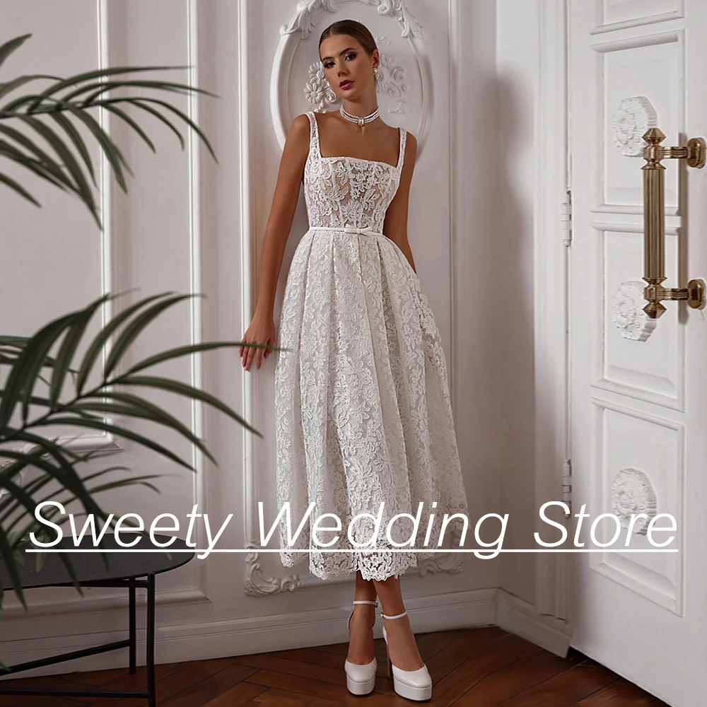 Short Lace Wedding Dresses 2024 New Arrival Sleeveless Square Neck Backless Corset Bridal Gown Robe De Mariee Bride Dress