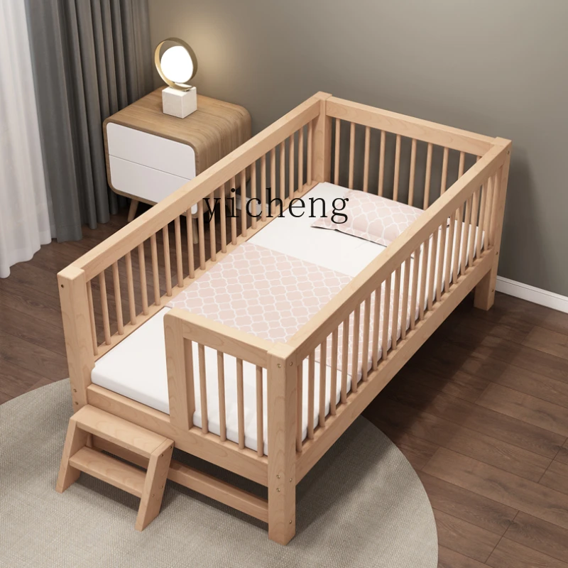 Zc Beech Children's Bed Stitching Bed with Fence Single Girl Widened Baby Baby Bedside Solid Wood Small Bed