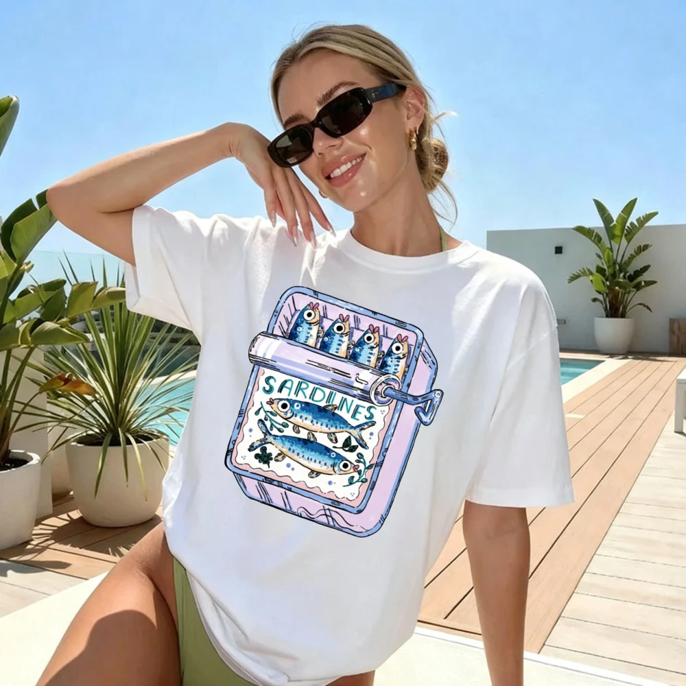 Sardines Can Design Women T-Shirt Casual Summer Short Sleeve Cotton Fashion Top Beach Vacation Gift For Her