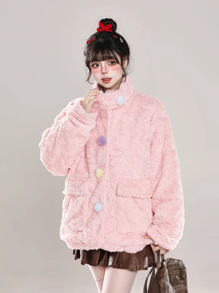 Fluffy Lamb Fur Collar Cotton Jacket Women's Winter Sweet Anti-Aging Design Sense Cotton Clothes Thickened Long Sleeve Zipper