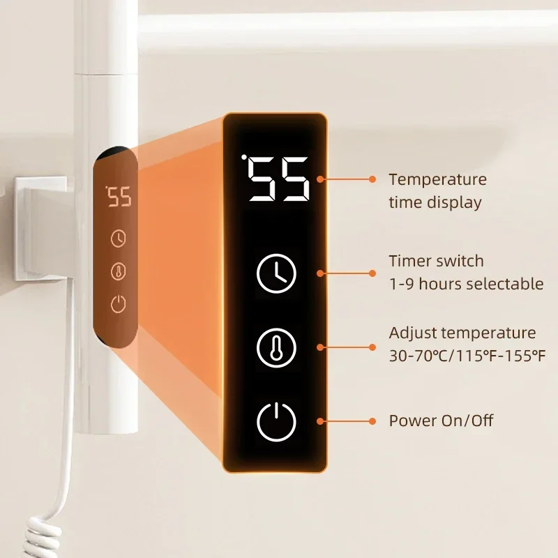 Imagem -05 - Elétrico Aquecido Toalha Trilho Display Digital Controle de Temperatura Timing Rotatable Térmica Aquecedores Banheiro Inteligente G63