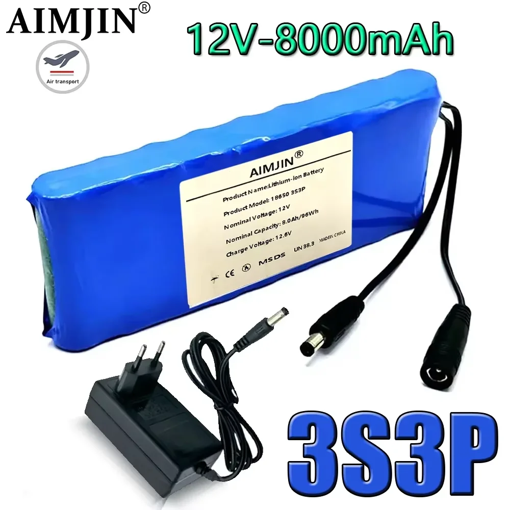 

Ultra large capacity rechargeable battery+ 2A charger 12V 18650 lithium battery pack 3s3p with BMS 12V 8000mAh