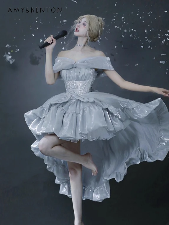 

High-end Elegant Princess Evening Dresses Birthday Dress for Women Cute Bow Off-shoulder Strap High Waist Slim Sexy Mini Dress