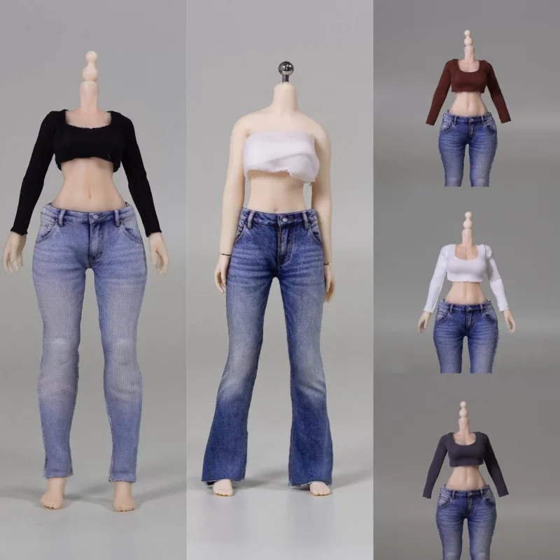 1/12 Maßstab, Damen-T-Shirt mit U-Ausschnitt und langen Ärmeln, bedruckte Jeans, Kleidung und Accessoires für 6-Zoll-Actionfiguren, Romankey Figma SHF Modell. – Detail 1