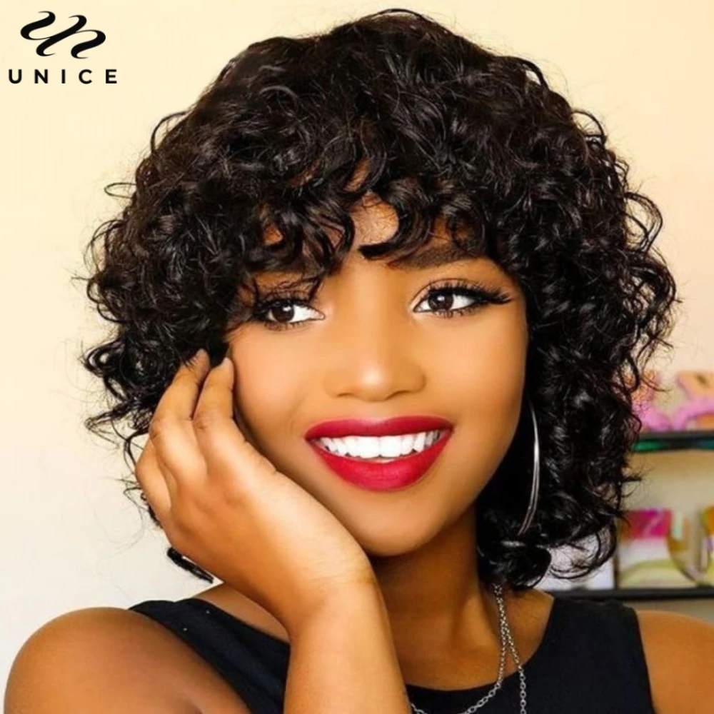 Unice Loose Curly Bob Wig With Bangs Wolf Cut 100% Human Hair Glueless Wigs Full Machine Made Wigs for Women 150% Density