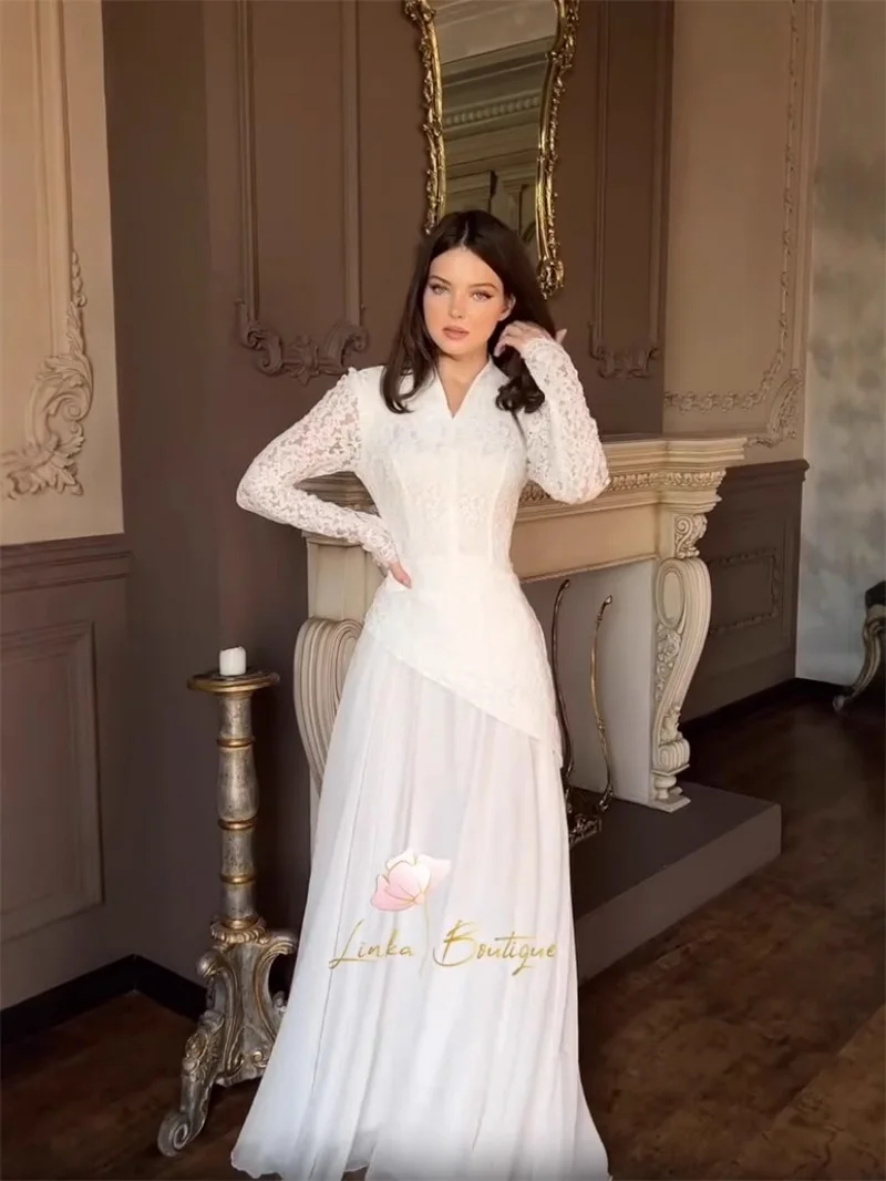 サウジアラビア レース レディース プロムドレス ブラック ホワイト 秋 フルスリーブ ロング フォーマル Aライン ページェント ローブ パーティー イブニングガウン