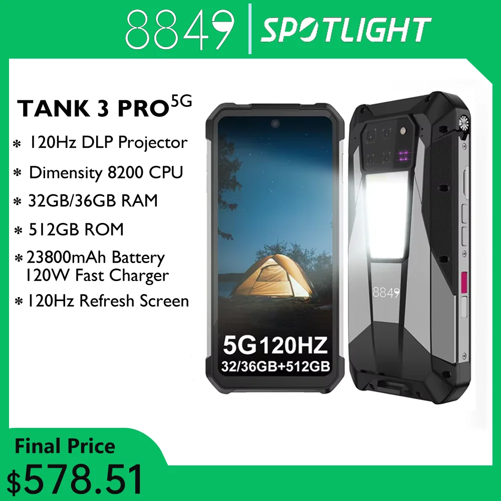 EU MX Warehouse 8849 Tank 3 Pro by Unihertz Rugged Smartphone 5G with 100 Lumens Projector 32/36GB 512GB 23800mAh Cell Phones