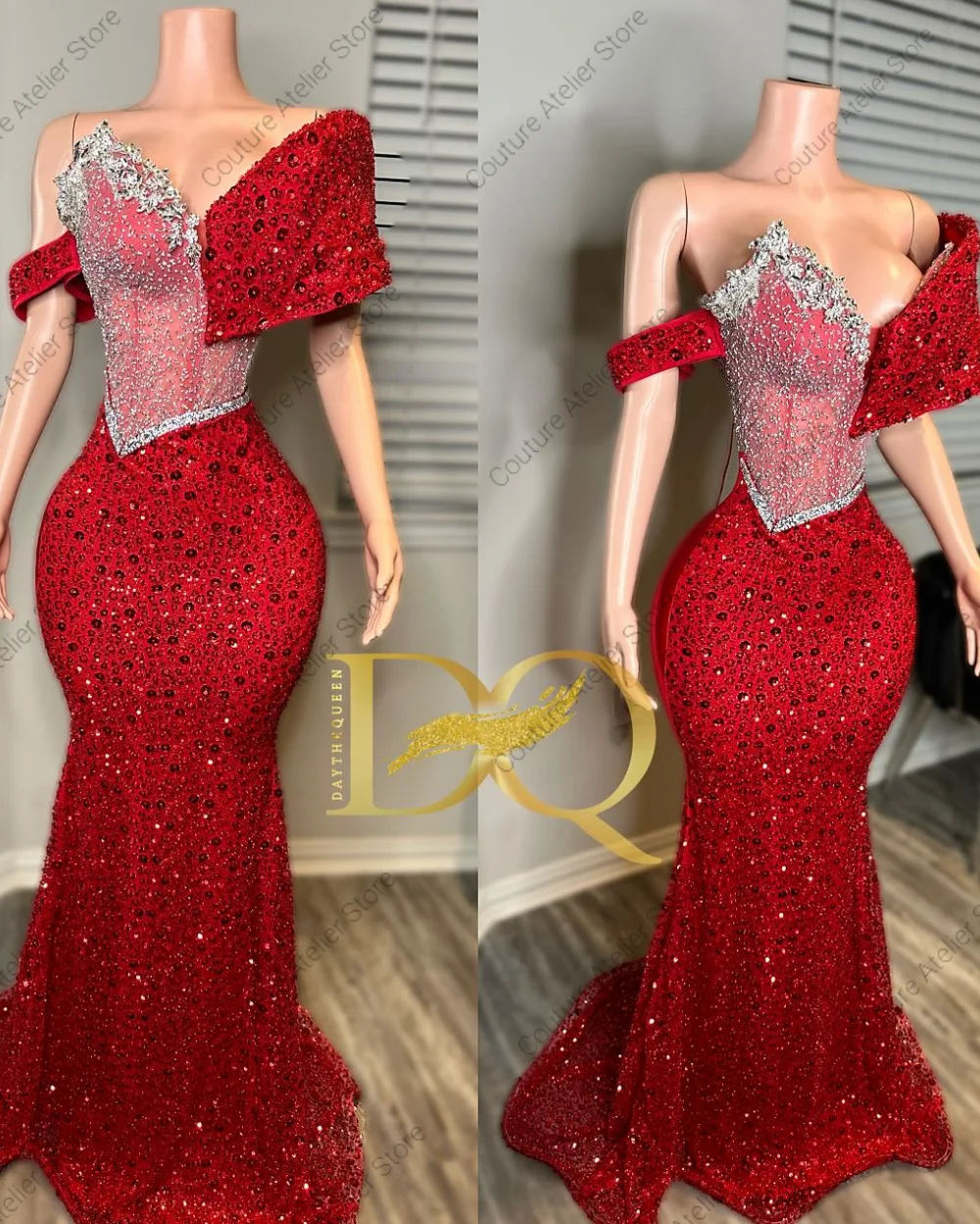 أحمر مطرز قبالة الكتف فساتين لحضور الحفلات الموسيقية الذهب كريستال الديكور فتاة سوداء حورية البحر فستان الزفاف الأفريقي مثير كوكتيل مخصص #2