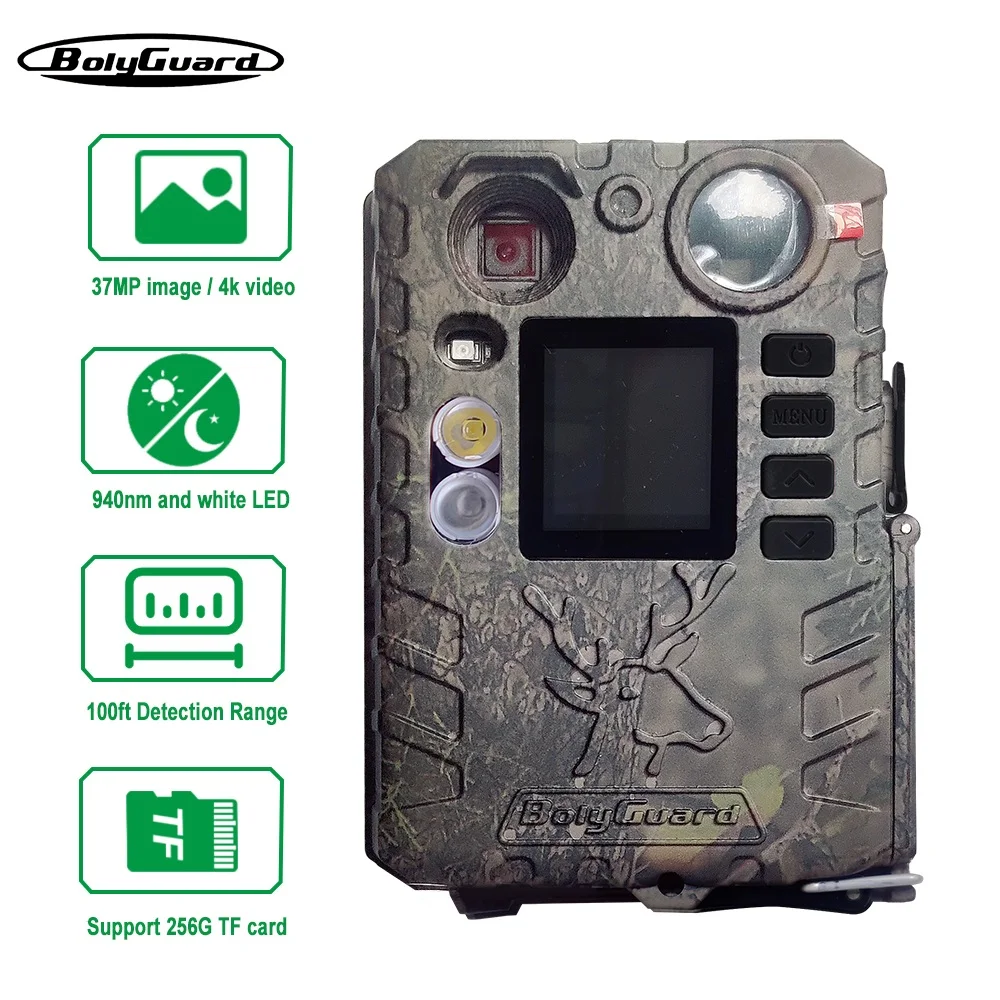 

BolyGuard 37MP BG410-D Trail Camera Wildlife Camera Dual Flash (Black IR&White LED) Hunting Game Cameras 4K Video Security IP66
