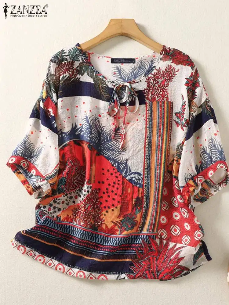 

ZANZEA Vintage O Neck Short Sleeve Random Floral Printed Blouse Women Summer Bohemian Beach Tops Casual Shirt Holiday Blusas