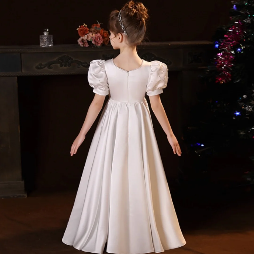Elegancka sukienka dla dziewczynki na wesele, sukienka na przyjęcie dla dziewczynek, perłowa sukienka księżniczki na konkurs piękności, satynowa sukienka z kokardą na Pierwszą Komunię Świętą