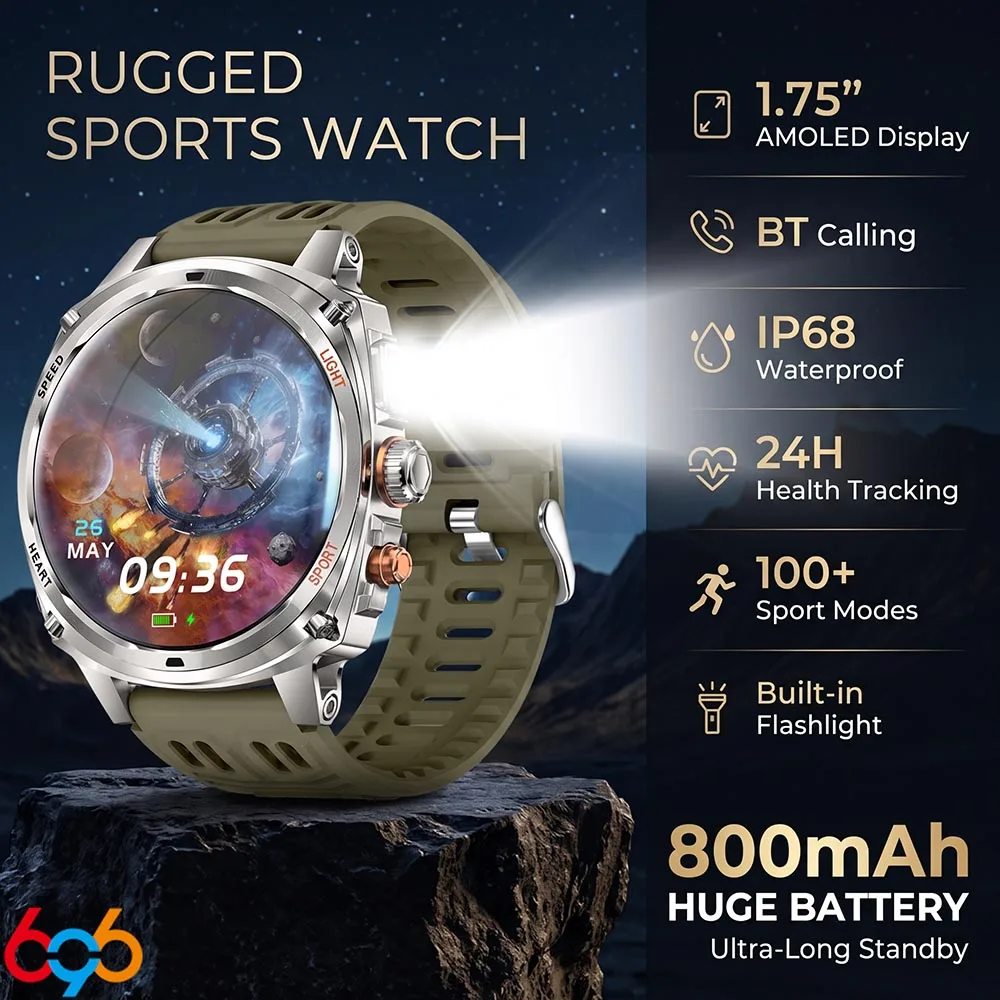 AMOLED Display Men’s Smartwatch  BT Call  Built-in Flashlight  Waterproof Outdoor Sport Watch  Heart Rate Monitor & Alarm Clock