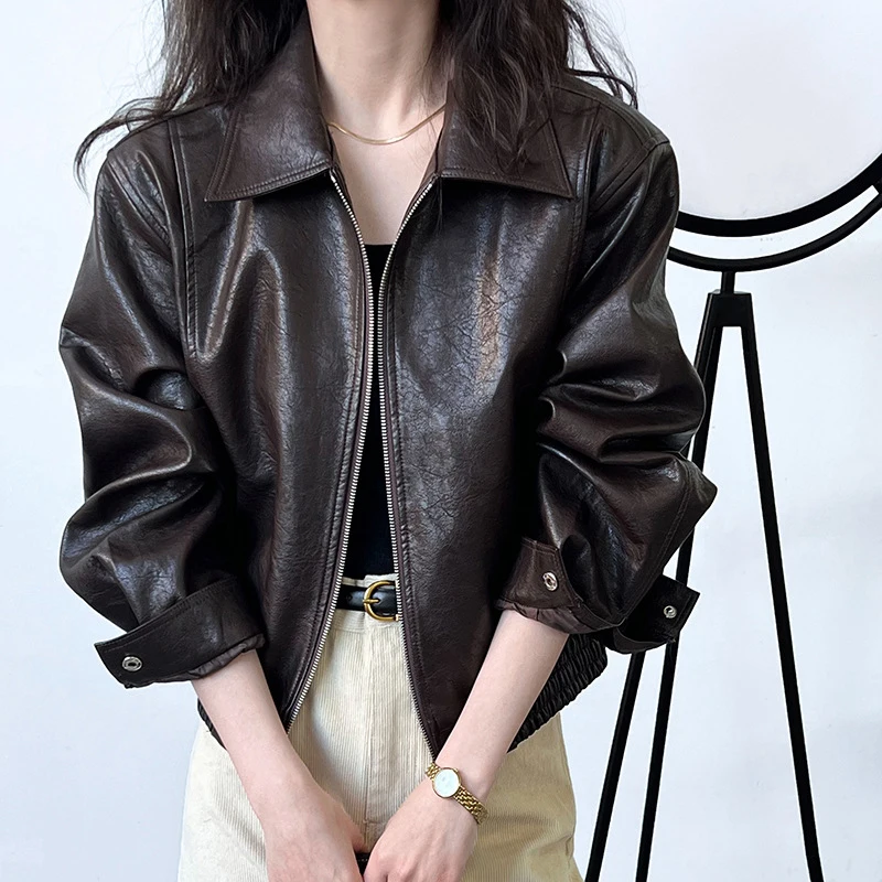 

2024 Women Autumn Pu Leather Turn Down Collar Zippers Jacket Coat Fashion Women Classic Jacket Femme Streetwear Tops Clothes