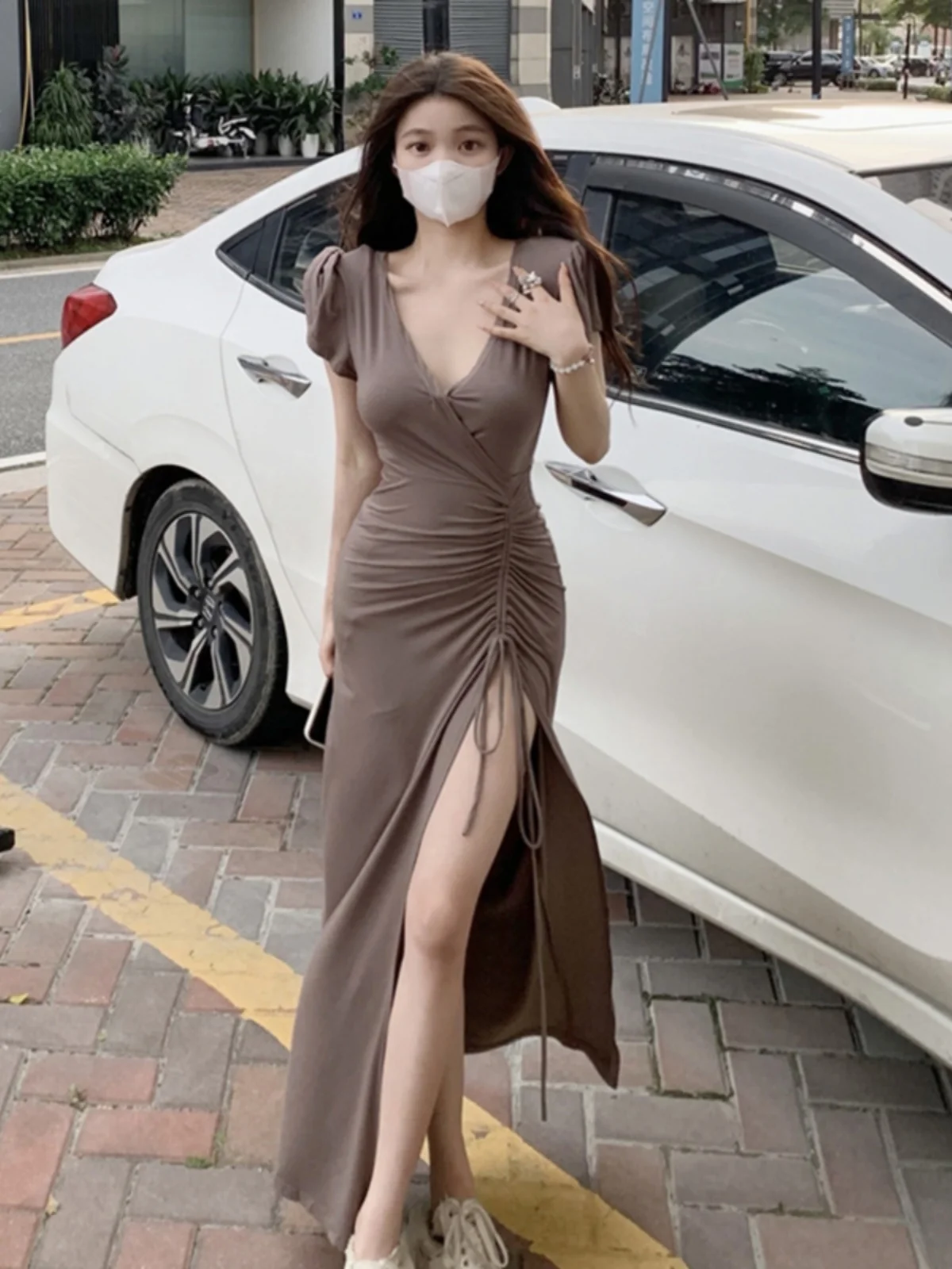 Sexy V-Neck Drawstring Short Sleeve Dress Women Summer Slimming  Knee-Length Wrap Bodycon Dress Korean Style Commute