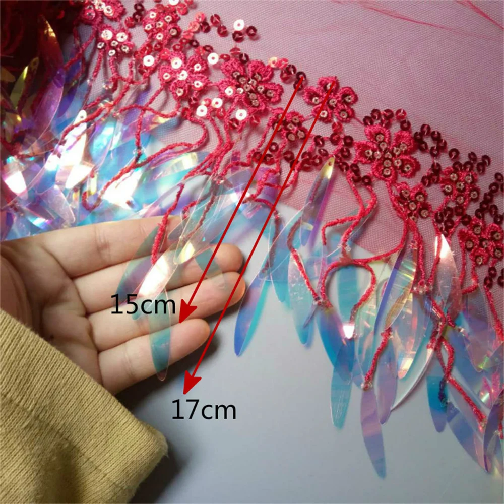 3 Yard 15cm Red Sequins Mesh Lace Fabric Trim Ribbon Tassel Fringe Edge Embroidered Sewing Craft Wedding Prom Party Halloween