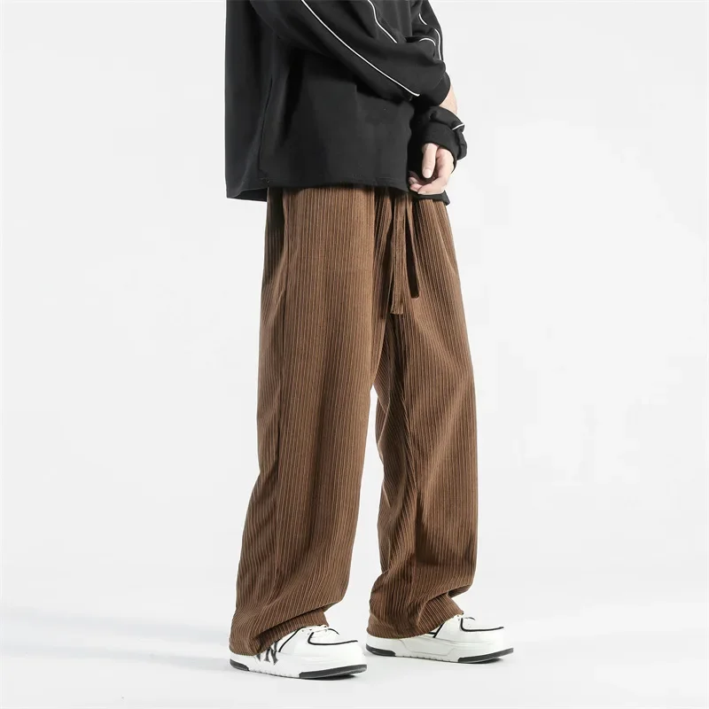 

Осень-зима, новые мужские широкие брюки, длинные брюки, повседневные свободные прямые брюки, карманы на шнурке, однотонные, обычные, с высокой талией