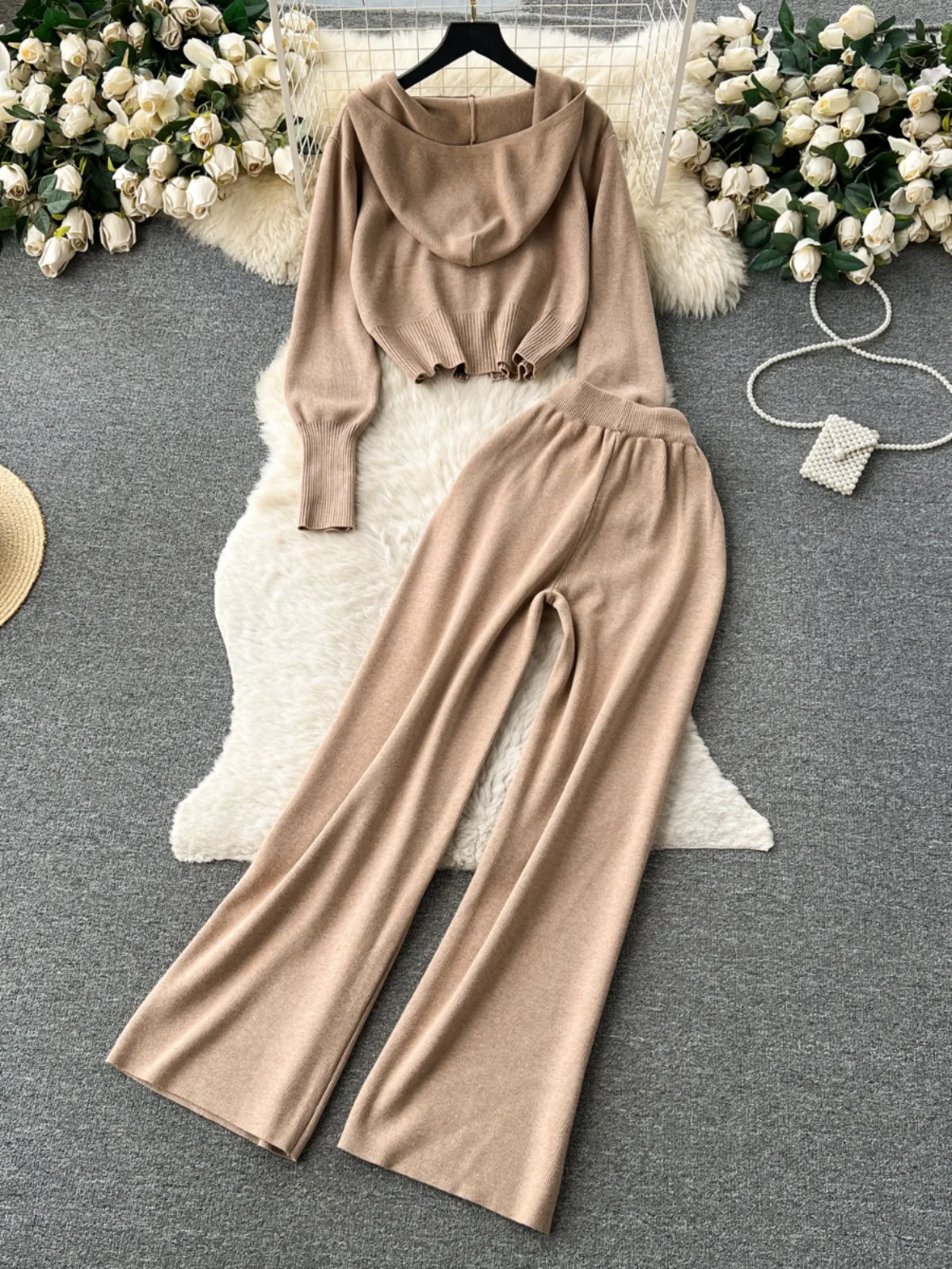 

Casual Spor Knitted Two-Piece Set Women's Autumn Winter Versatile Hoodie Sweater Jaet Waist-Cinching Wide Leg Pants