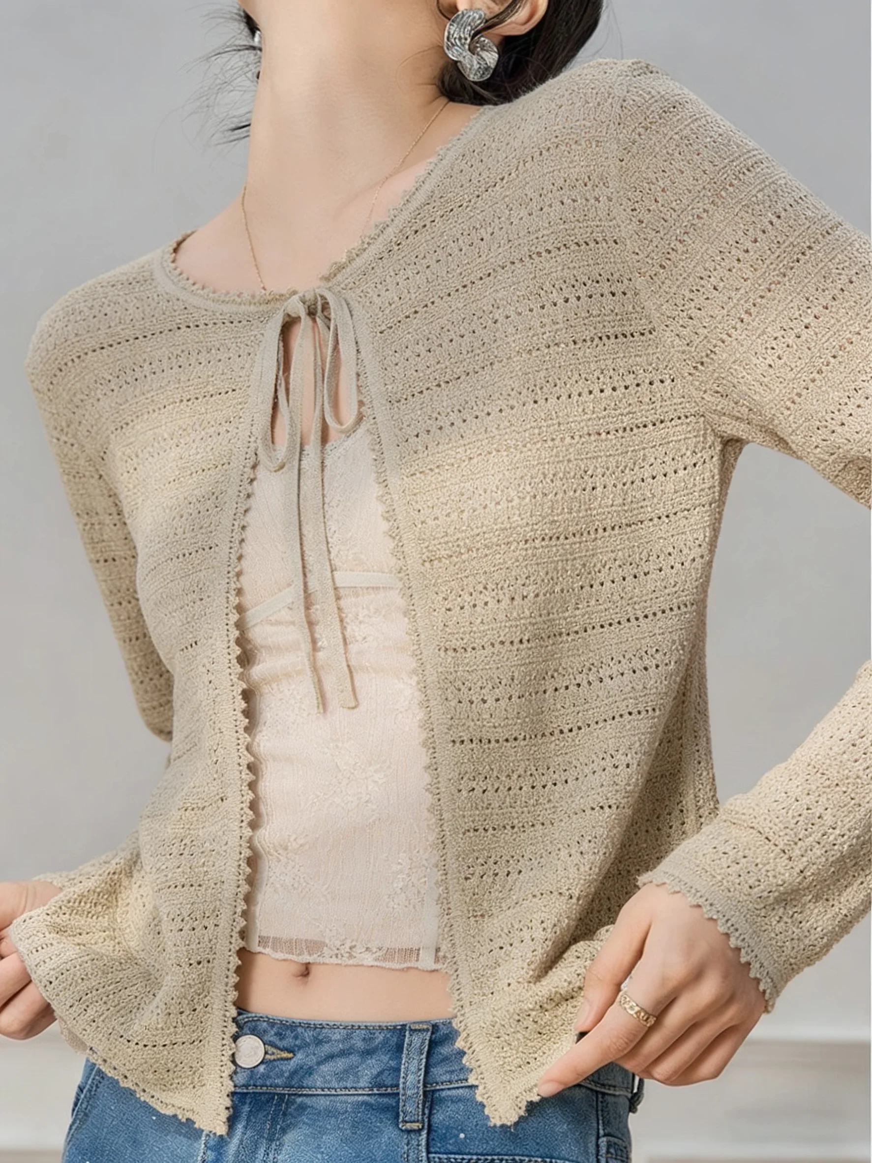 

Light Beige Knitted Hollow out Cardigan Women's Casual Style Polyester Fiber Long Sleeve round Neck Coat for Early Summer