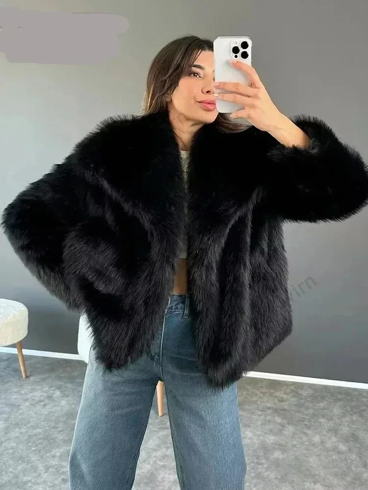 2024 Winter Faux Fur Coat for Women Brand Fashion Fake Fox Fur Jacket Luxury Design Big Collar Chic Girls Outerwear Overcoat