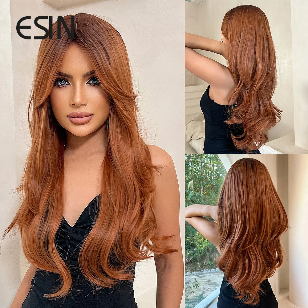 ESIN Natural Elegant Synthetic Wig Long Ombre Red Brown Wigs for Women Ombre Layered Hair with Dark Roots Daily Party Cosplay